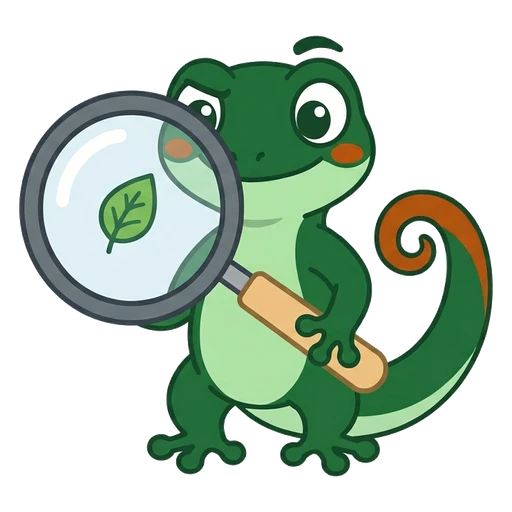 Gecko inspecting a picture through a magnifying glass