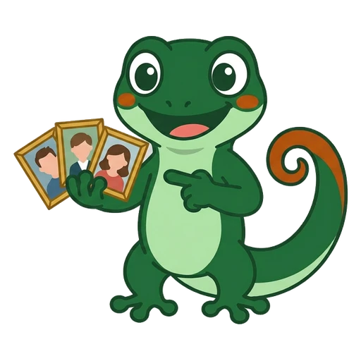 Gecko holding up two sketches to compare